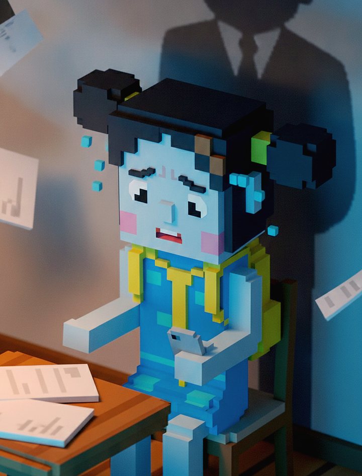 背後に上司の影が伸びる中、机で怯えるように座る会社員のvoxelイラスト