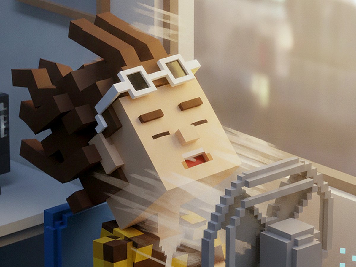 扇風機の風に当たり目を閉じて脱力する会社員のvoxelショット