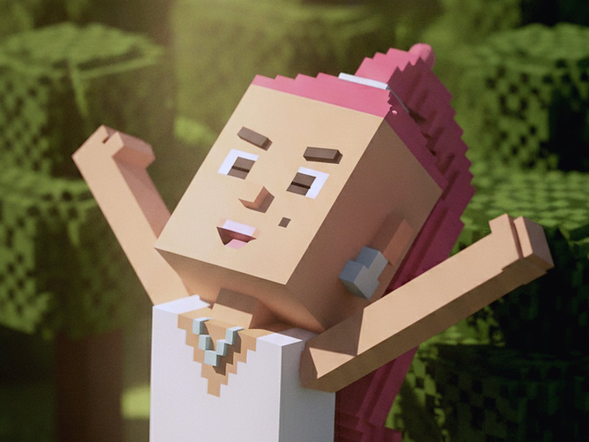 緑の中で両腕を上げて解放感を表す会社員のvoxelショット